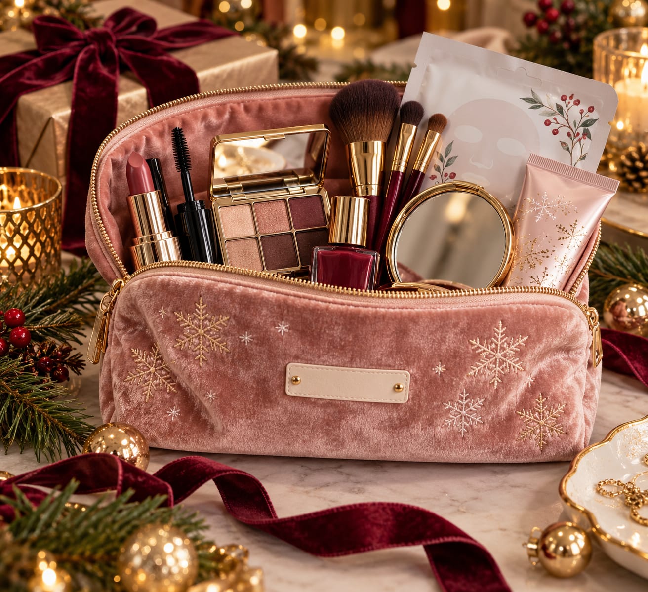 Neceser de terciopelo con maquillaje