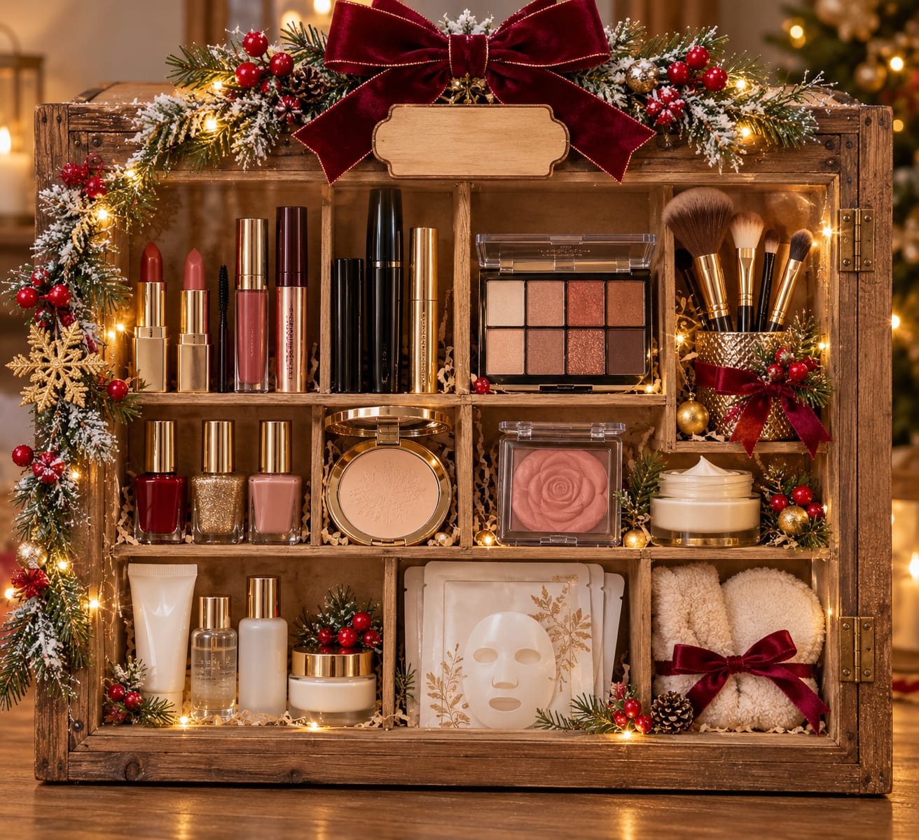 Vitrina de madera con maquillaje